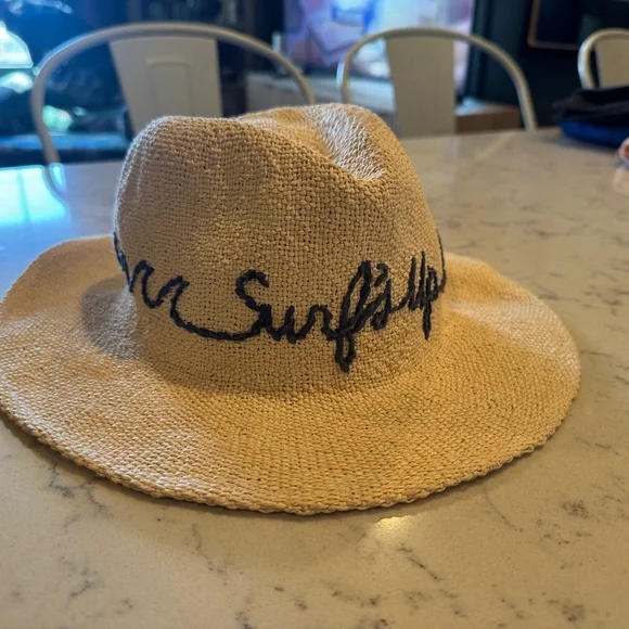 “Surf’s Up” Woven Straw Sun Hat with Navy Script - Picture 1 of 5